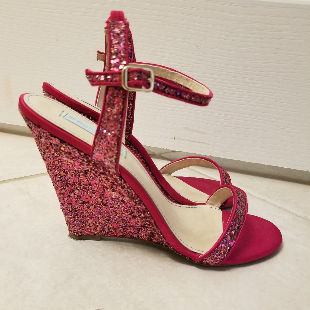Betsey Johnson Pink Glitter Wedge Heels
